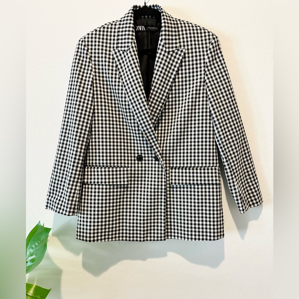 Zara Oversized Double Breasted Gingham Blazer Jacket
